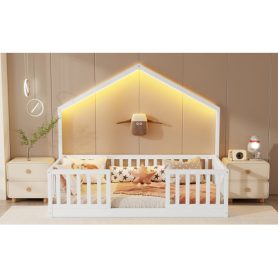 House Shape Twin Floor Bed with High Rails and Light
