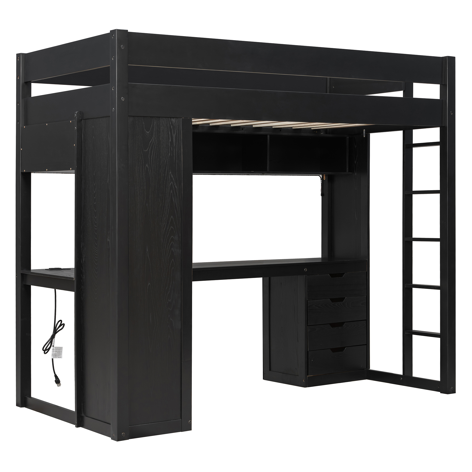 Twin Size Solid Wood Loft Bed with L-Shaped Desk and 4 Drawers