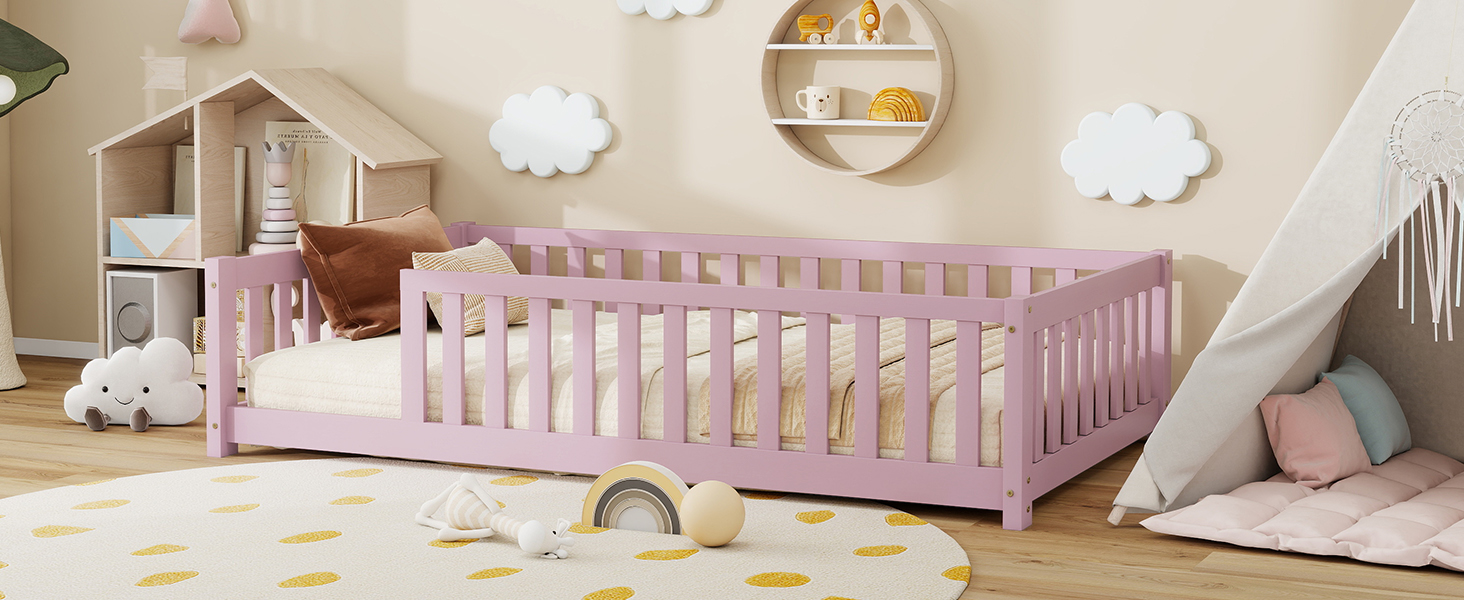 Twin Size Floor Bed with Fence without Door