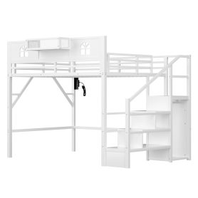 Metal Queen Loft Bed With High And House Shaped Guardrails, Stairs and Wardrobe