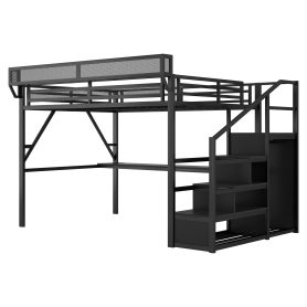 Metal Full Size Loft Bed With Desk, Charging Station, Stairs And Light