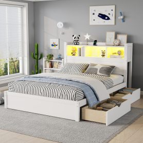 Wood Full Bed with Drawers, Headboard And Pull Out Storage Cabinet