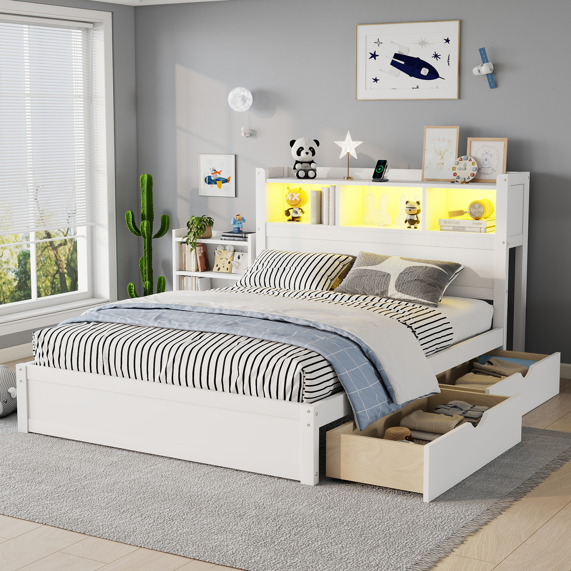 Wood Full Bed with Drawers, Headboard And Pull Out Storage Cabinet