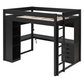 Full Size Solid Wood Loft Bed with L-Shaped Desk and 4 Drawers