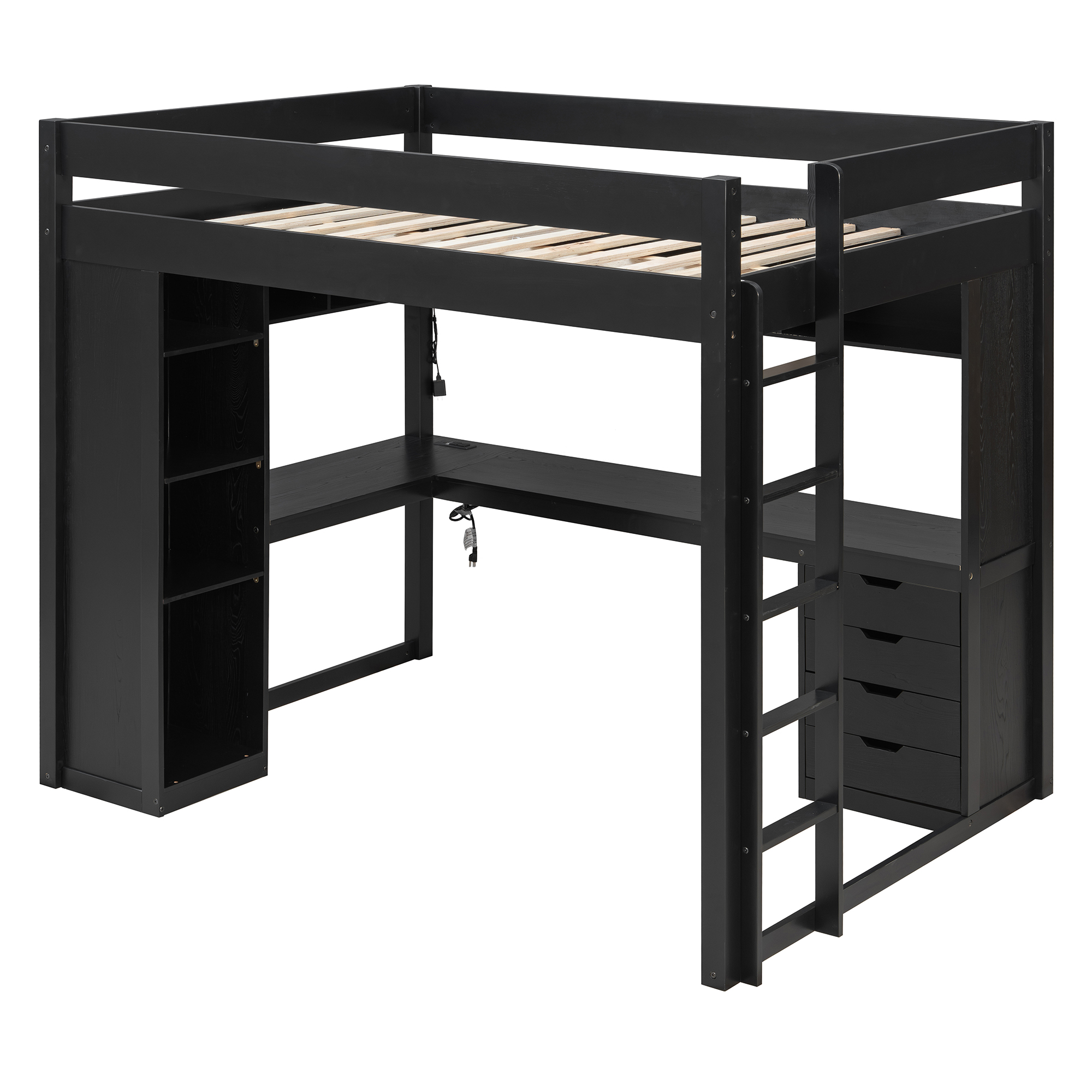 Full Size Solid Wood Loft Bed with L-Shaped Desk and 4 Drawers
