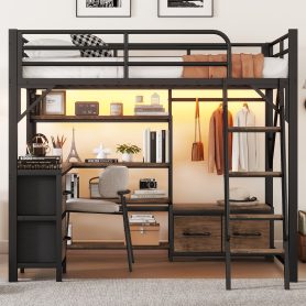 Metal Full Size Loft Bed With Desk, Light, Storage Shelves, Wardrobe And Drawers