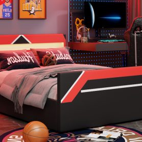 Queen Size Gaming Bed with Built-in 7-Color LED Lighting Headboard