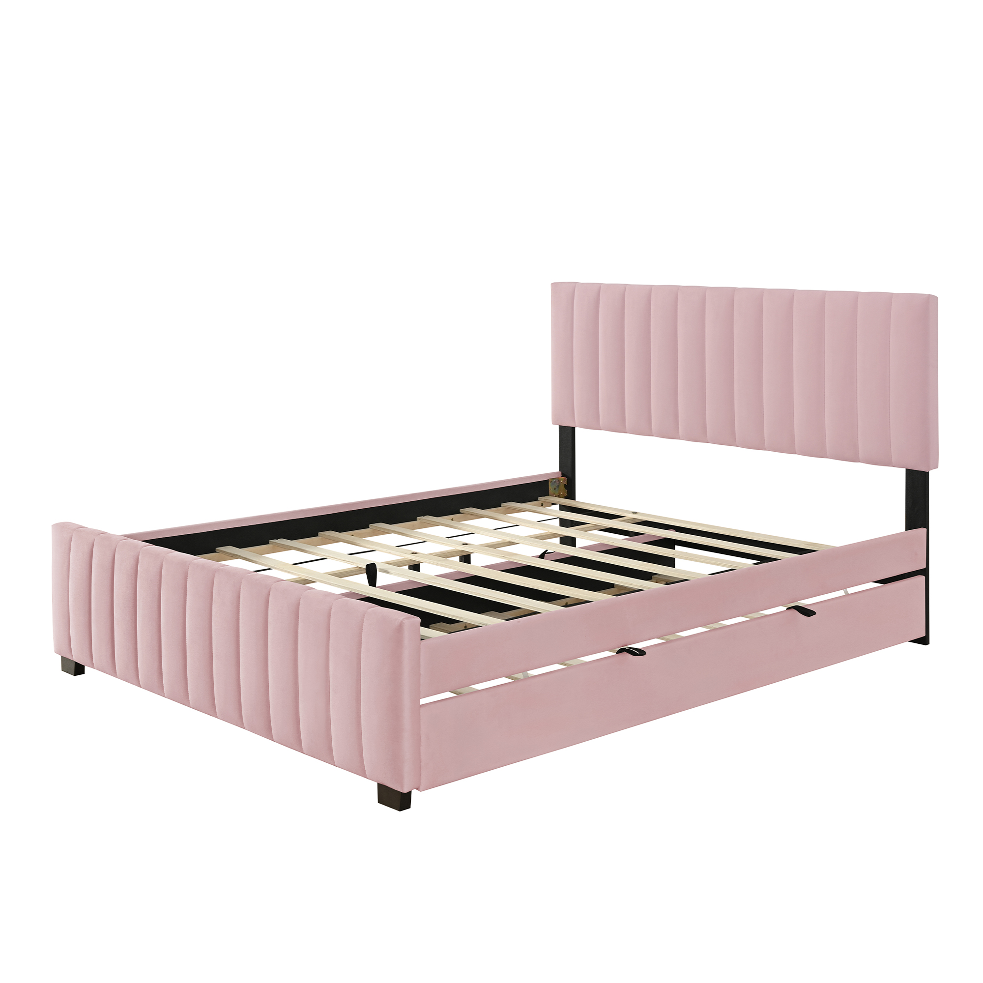 Queen Size Velvet Upholstered Platform Bed with Twin XL Size Trundle