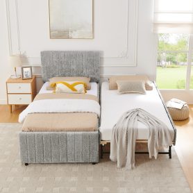 Twin Size Upholstered Bed with Vertical Channel Tufted Headboard & Nailhead Trim