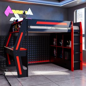 Full Size Gaming Loft Bed with Integrated Desk, Smart RGB LED Lights and USB Ports