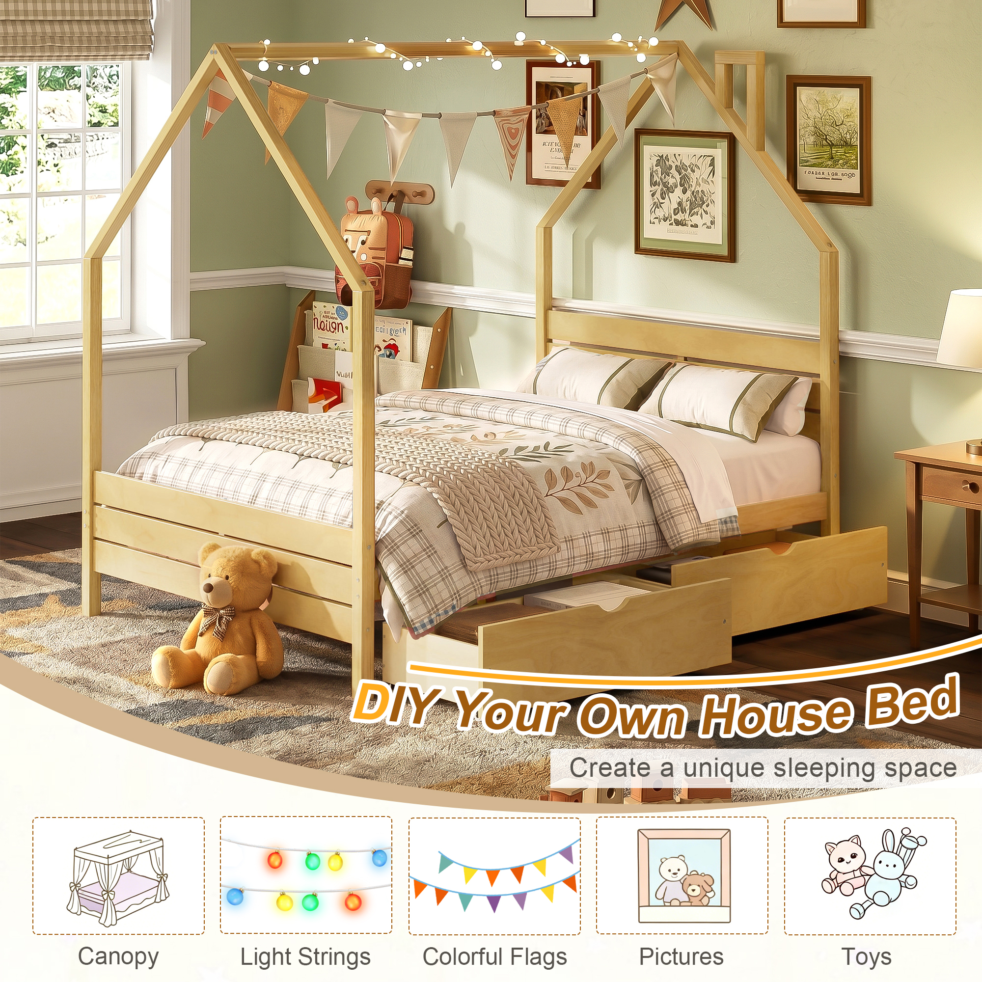 Full Size Montessori Bed With 2 Storage Drawers