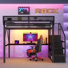 Metal Full Size Loft Bed With Desk, Charging Station, Stairs And Light