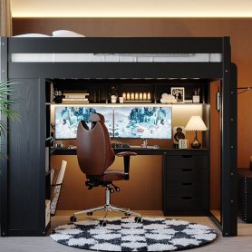 Full Size Solid Wood Loft Bed with L-Shaped Desk and 4 Drawers
