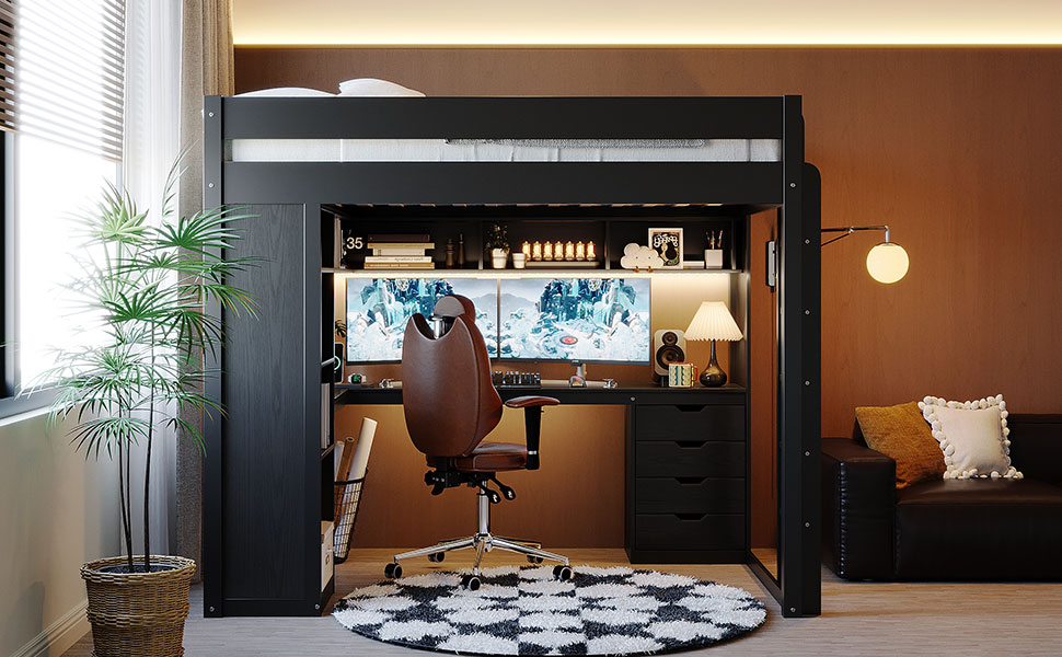 Full Size Solid Wood Loft Bed with L-Shaped Desk and 4 Drawers