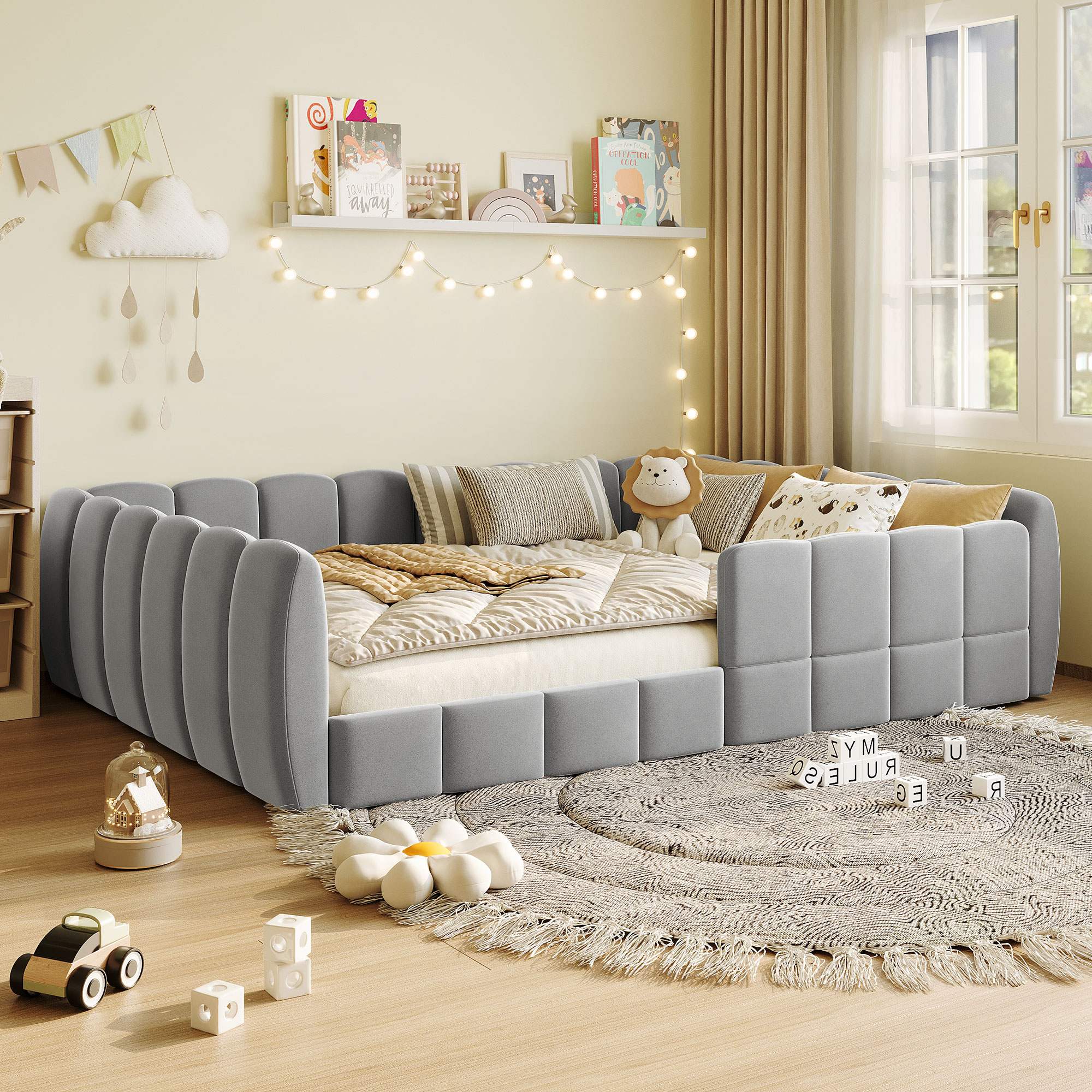 Full Size Velvet Upholstered Floor Bed