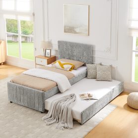 Twin Size Upholstered Bed with Vertical Channel Tufted Headboard & Nailhead Trim