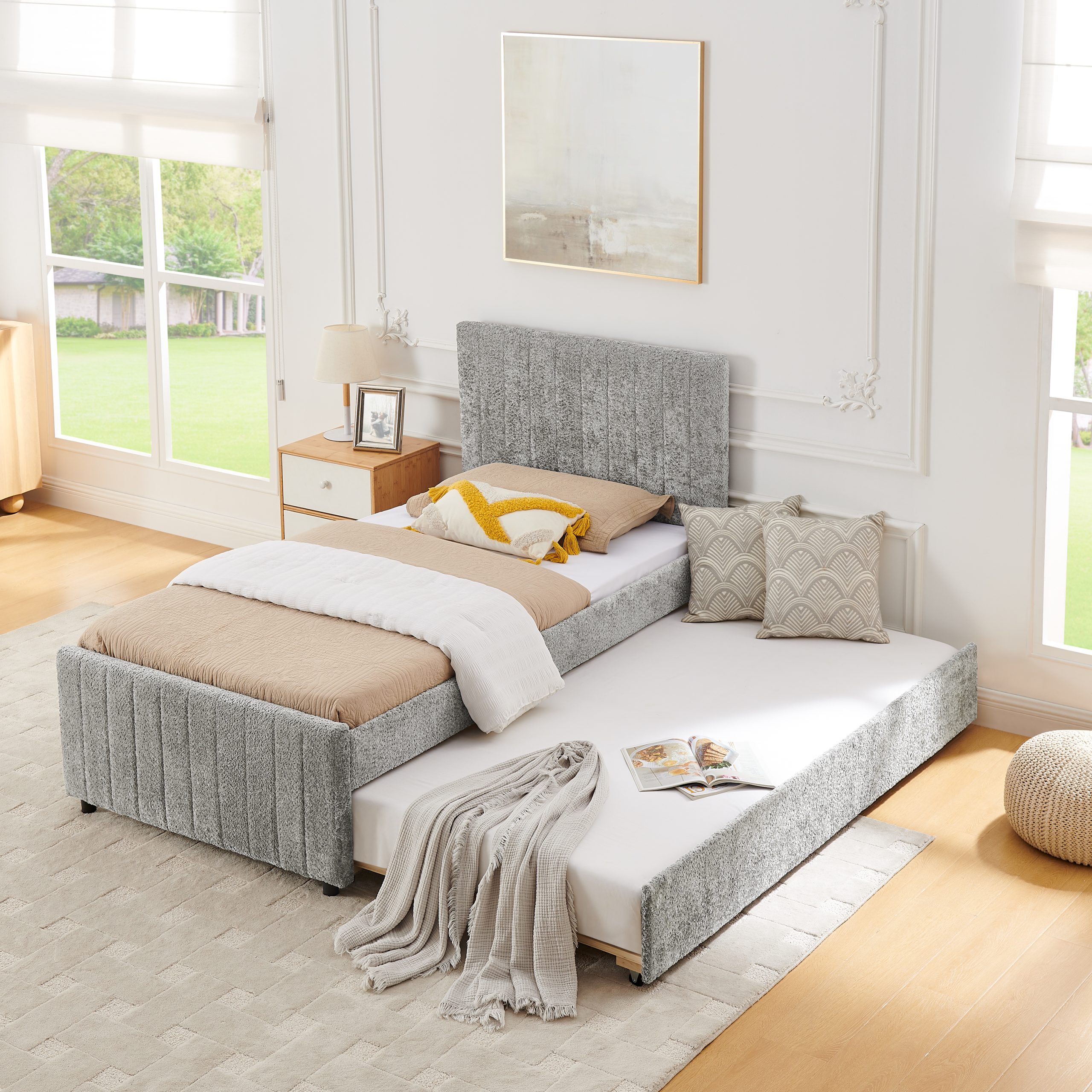 Twin Size Upholstered Bed with Vertical Channel Tufted Headboard & Nailhead Trim