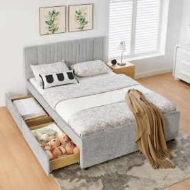 Queen Size Upholstered Bed with Vertical Channel Tufted Headboard & Nailhead Trim