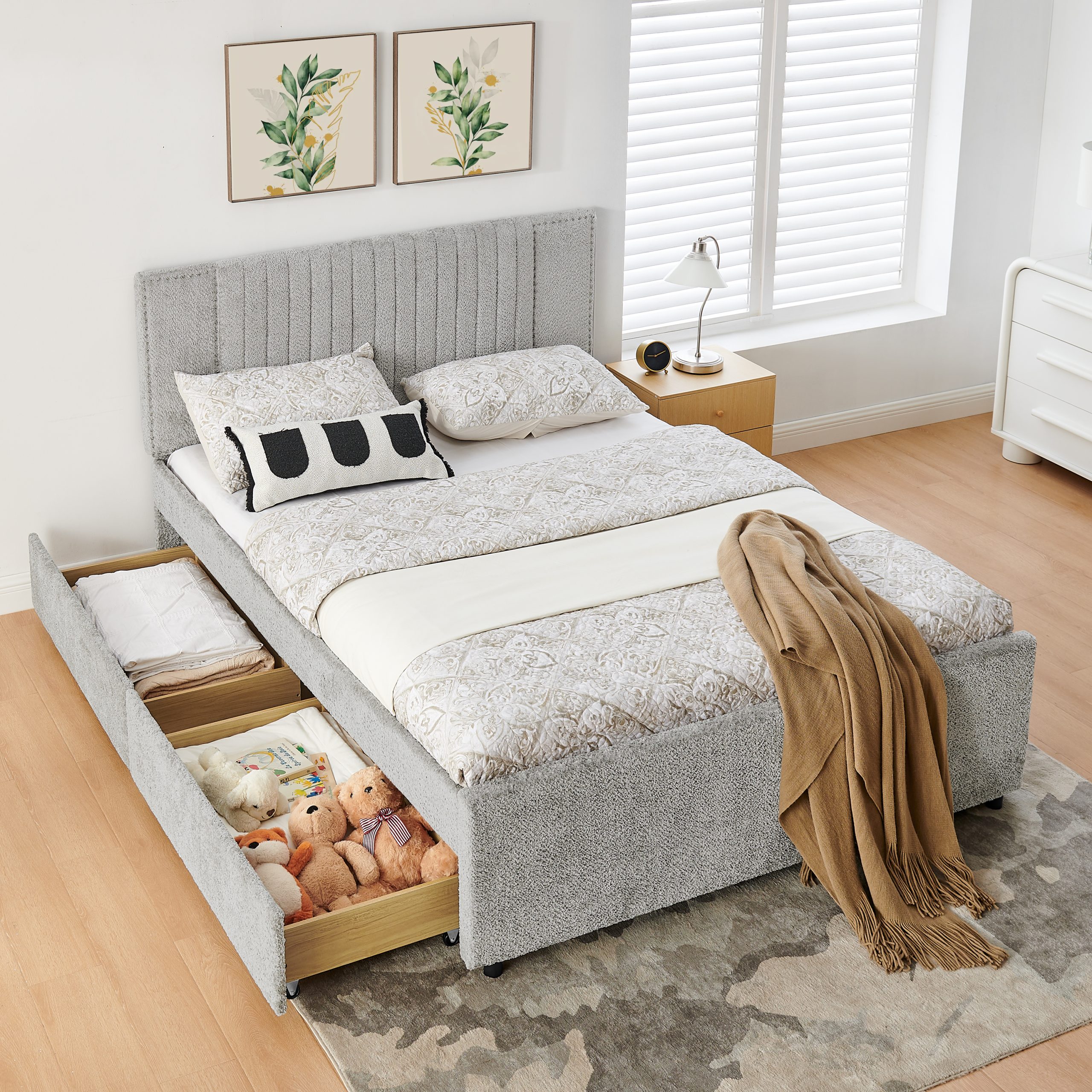 Queen Size Upholstered Bed with Vertical Channel Tufted Headboard & Nailhead Trim