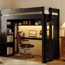 Twin Size Solid Wood Loft Bed with L-Shaped Desk and 4 Drawers