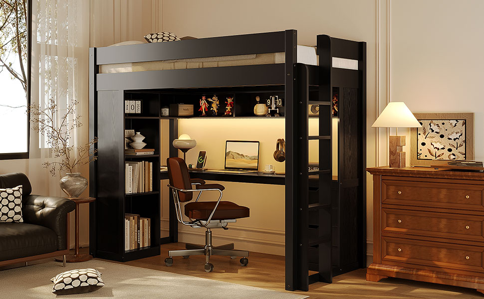Twin Size Solid Wood Loft Bed with L-Shaped Desk and 4 Drawers