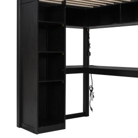Twin Size Solid Wood Loft Bed with L-Shaped Desk and 4 Drawers