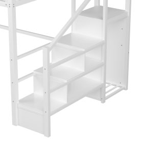 Metal Queen Loft Bed With High And House Shaped Guardrails, Stairs and Wardrobe