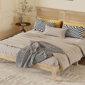 King Size Solid Wood Bed with Rattan Headboard 51 King Size Solid Wood Bed with Rattan Headboard