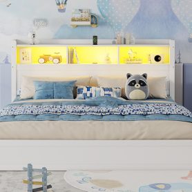Wood King Bed with Drawers, Headboard And Pull Out Storage Cabinet