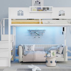 Metal Queen Loft Bed With High And House Shaped Guardrails, Stairs and Wardrobe