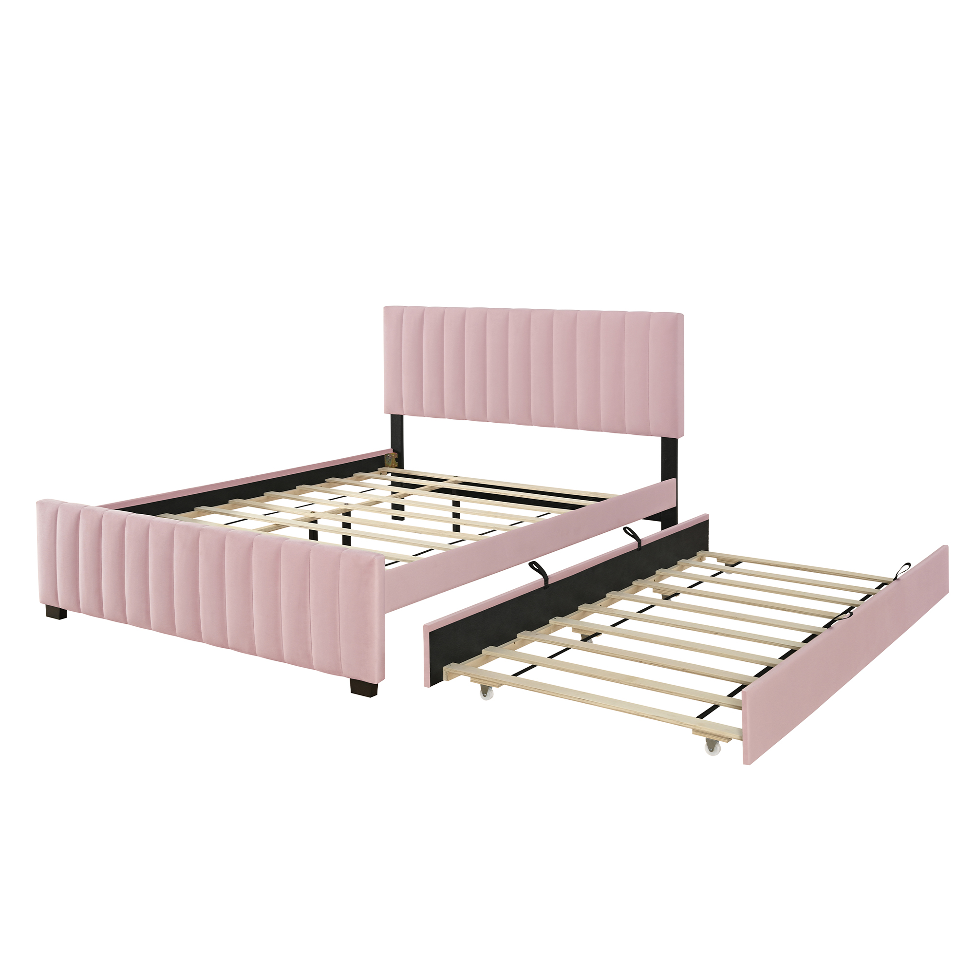 Queen Size Velvet Upholstered Platform Bed with Twin XL Size Trundle