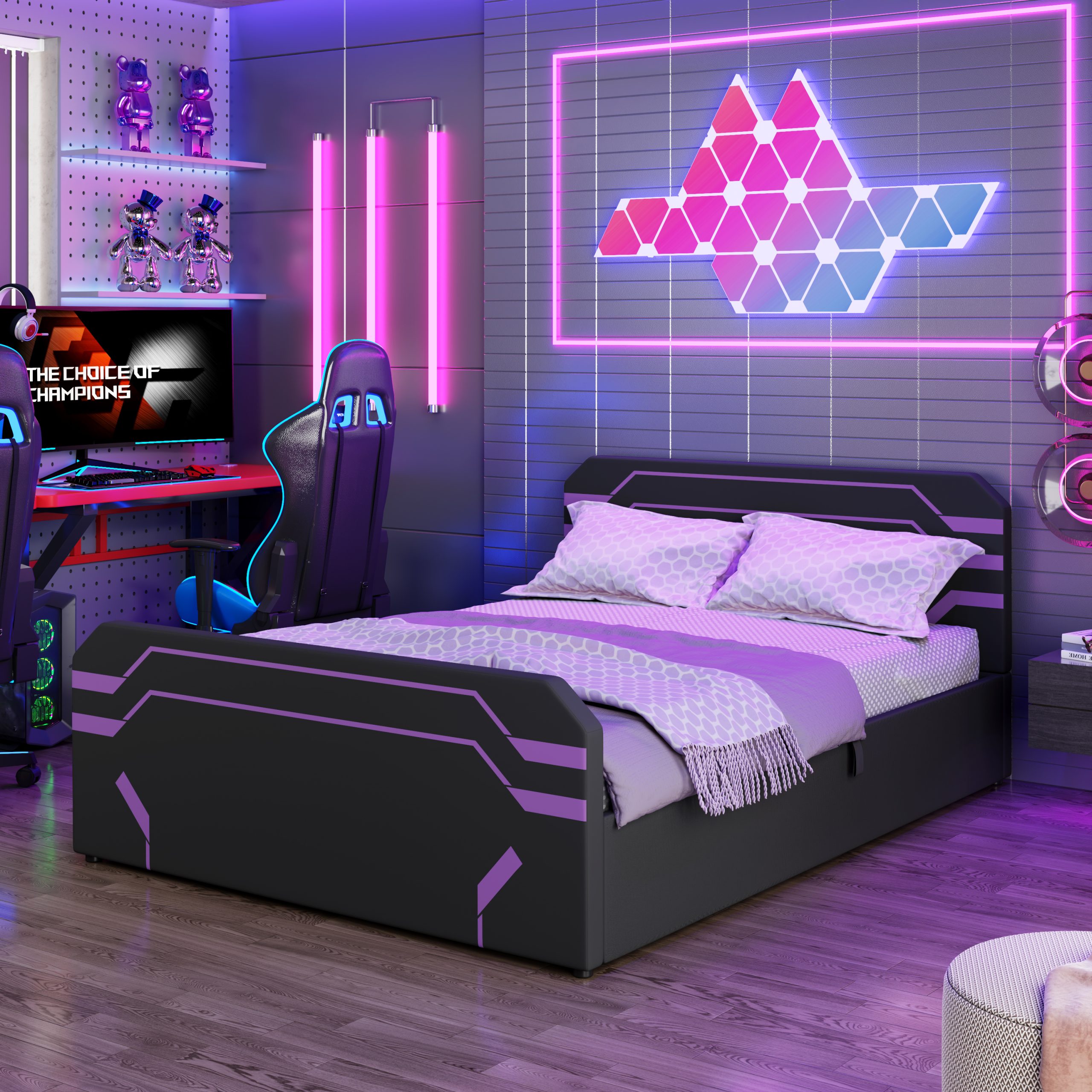 Queen Size Upholstered Gaming Bed with Side-Lift Hydraulic Storage System