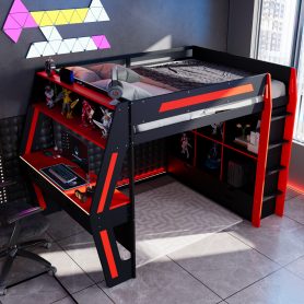 Full Size Gaming Loft Bed with Integrated Desk, Smart RGB LED Lights and USB Ports