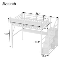 Metal Full Loft Bed With Desk, Charging Station, Stairs And Light