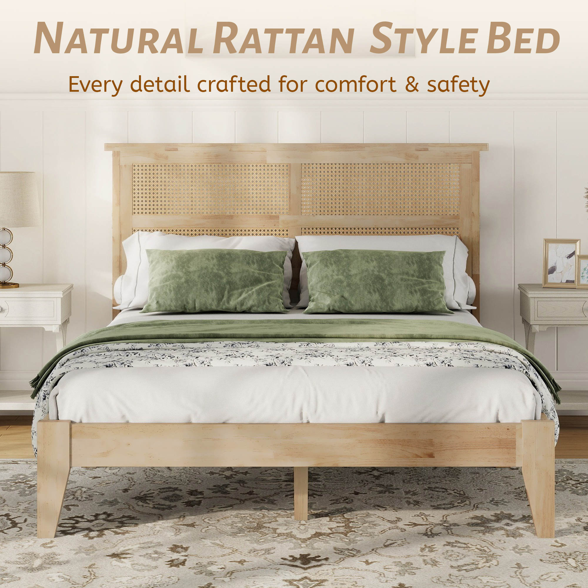 Full Size Solid Wood Bed with Rattan Headboard 16 Full Size Solid Wood Bed with Rattan Headboard