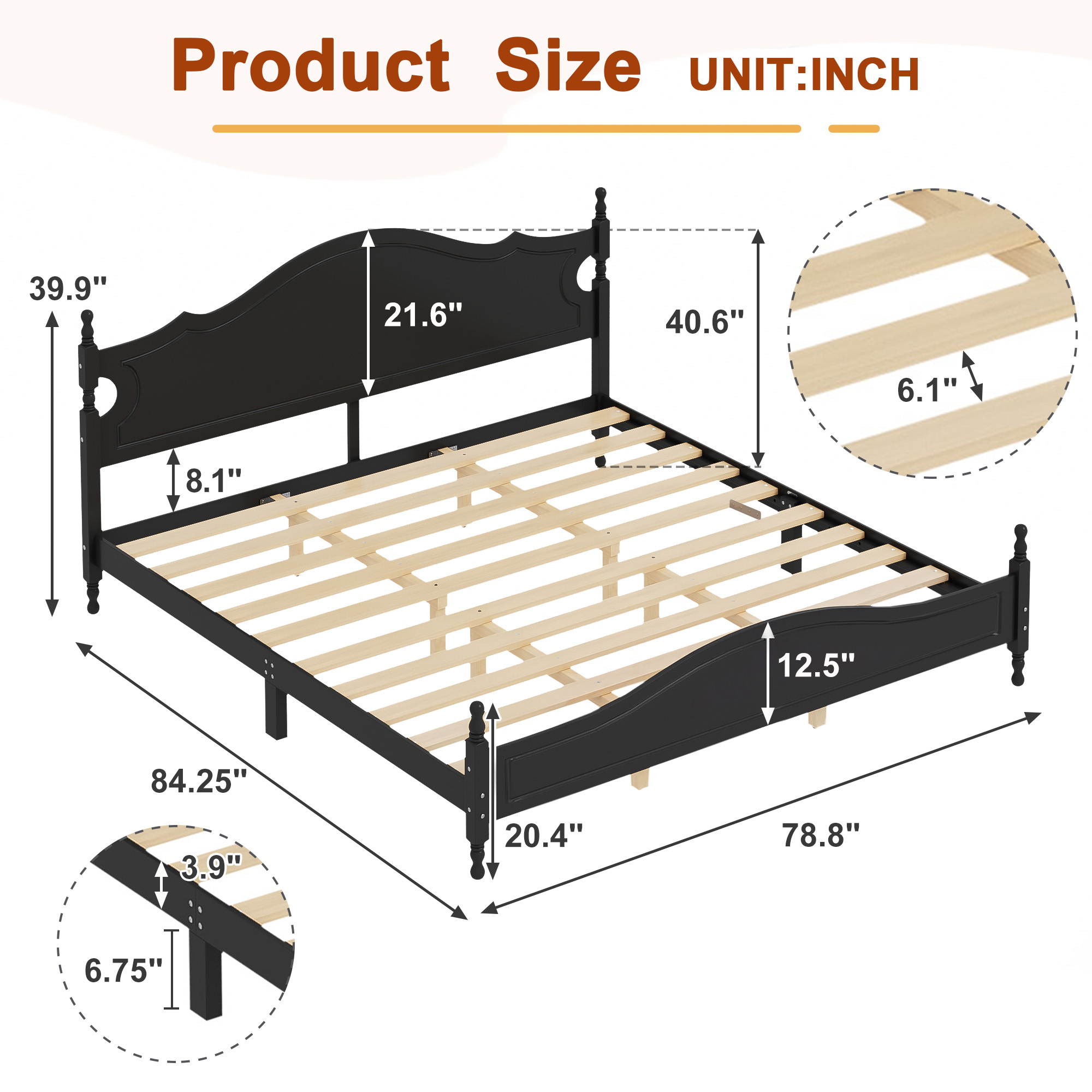 Retro Style Wooden Platform Bed with Wood Slats Support