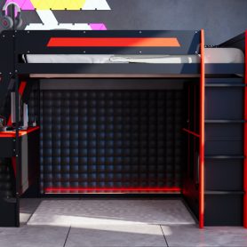 Full Size Gaming Loft Bed with Integrated Desk, Smart RGB LED Lights and USB Ports