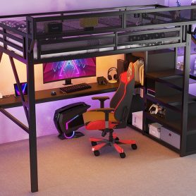 Metal Full Size Loft Bed With Desk, Charging Station, Stairs And Light