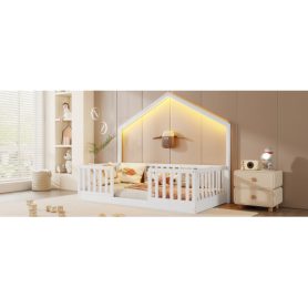 House Shape Twin Floor Bed with High Rails and Light