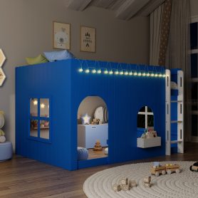 Full Size Kids Loft Bed With Warm LED Light String