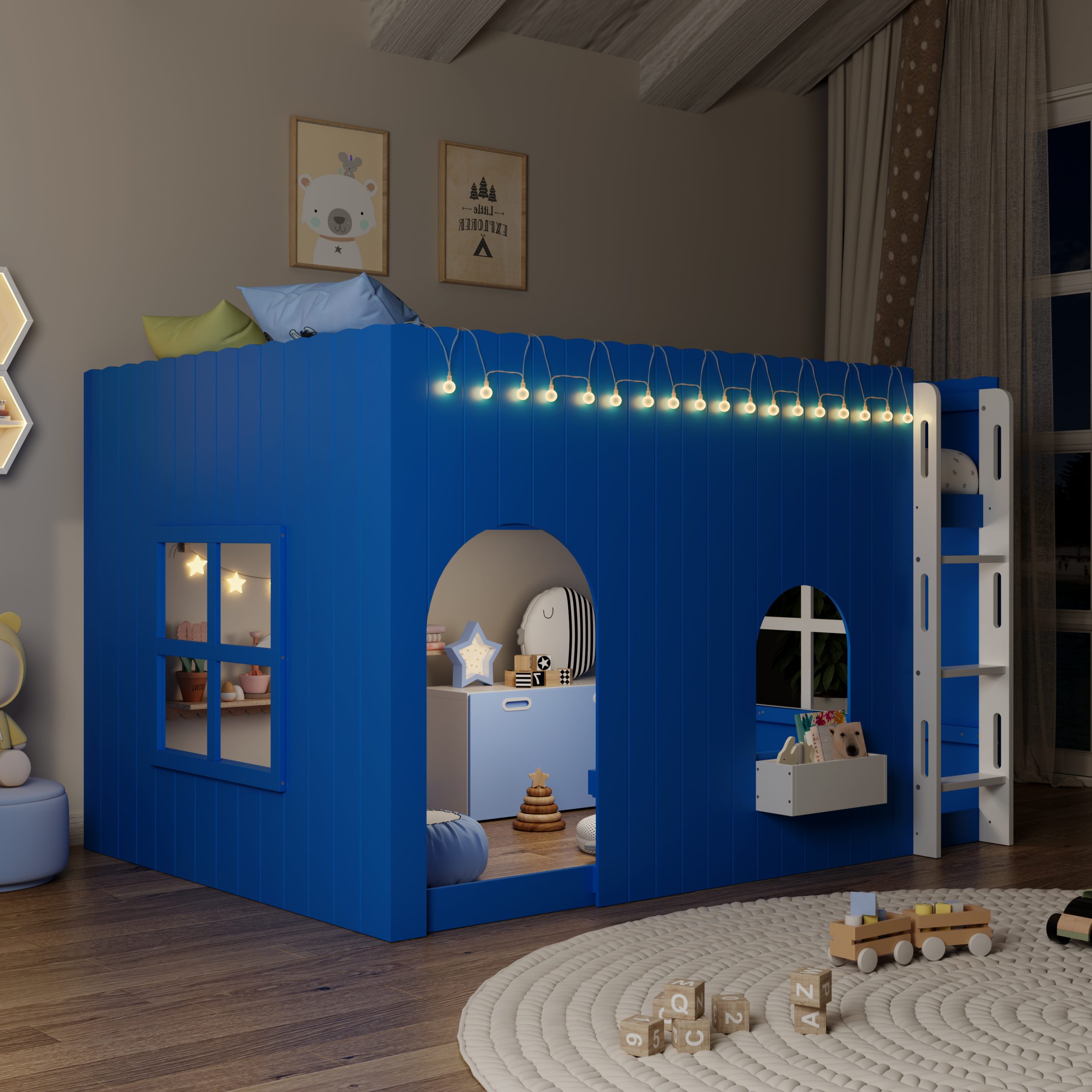 Full Size Kids Loft Bed With Warm LED Light String 4 Full Size Kids Loft Bed With Warm LED Light String