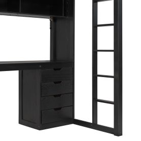 Full Size Solid Wood Loft Bed with L-Shaped Desk and 4 Drawers