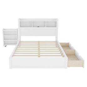 Wood Full Bed with Drawers, Headboard And Pull Out Storage Cabinet