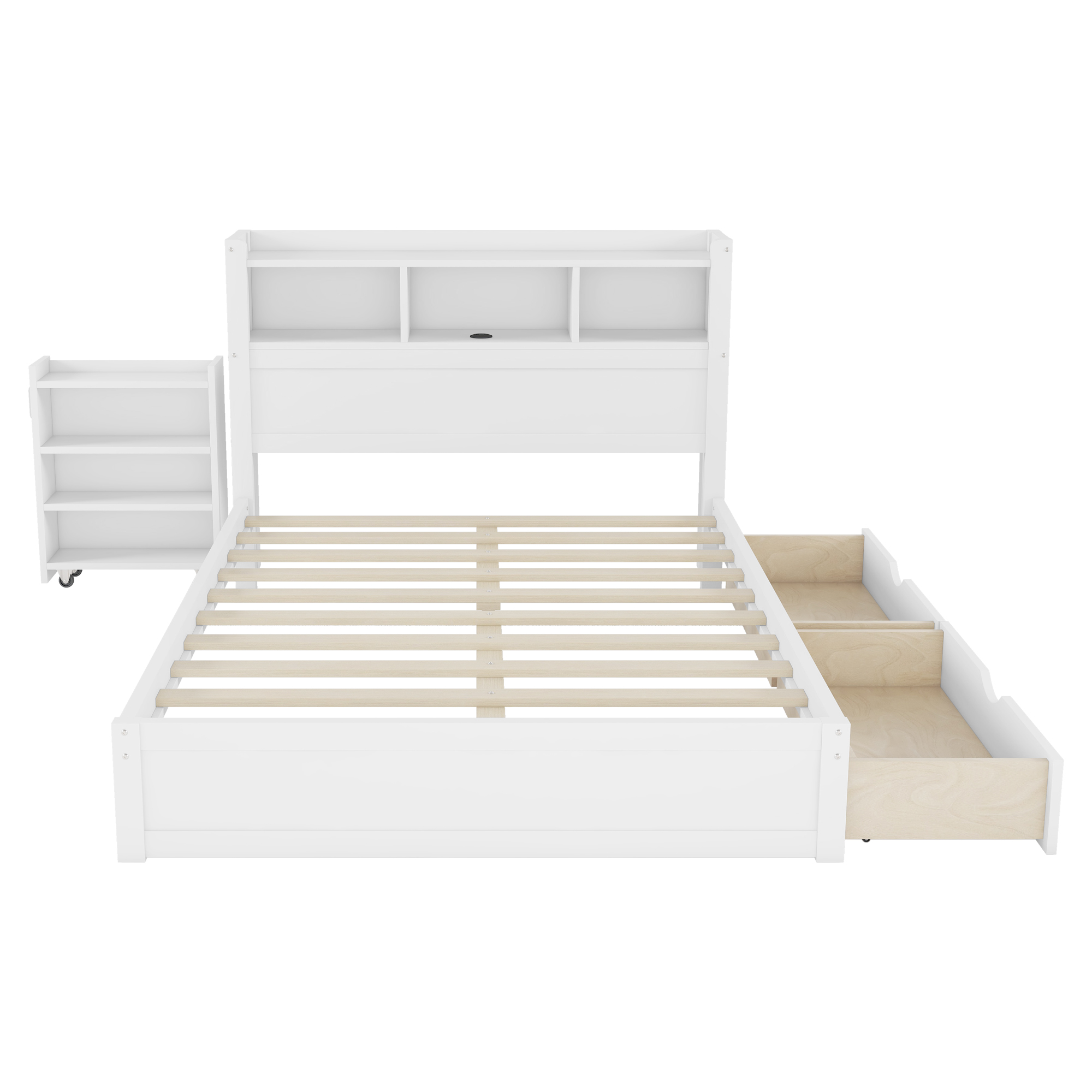 Wood Full Bed with Drawers, Headboard And Pull Out Storage Cabinet