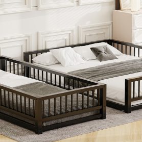 Twin XL over Queen Floor Bunk Bed with Ladder and Safety Guardrails