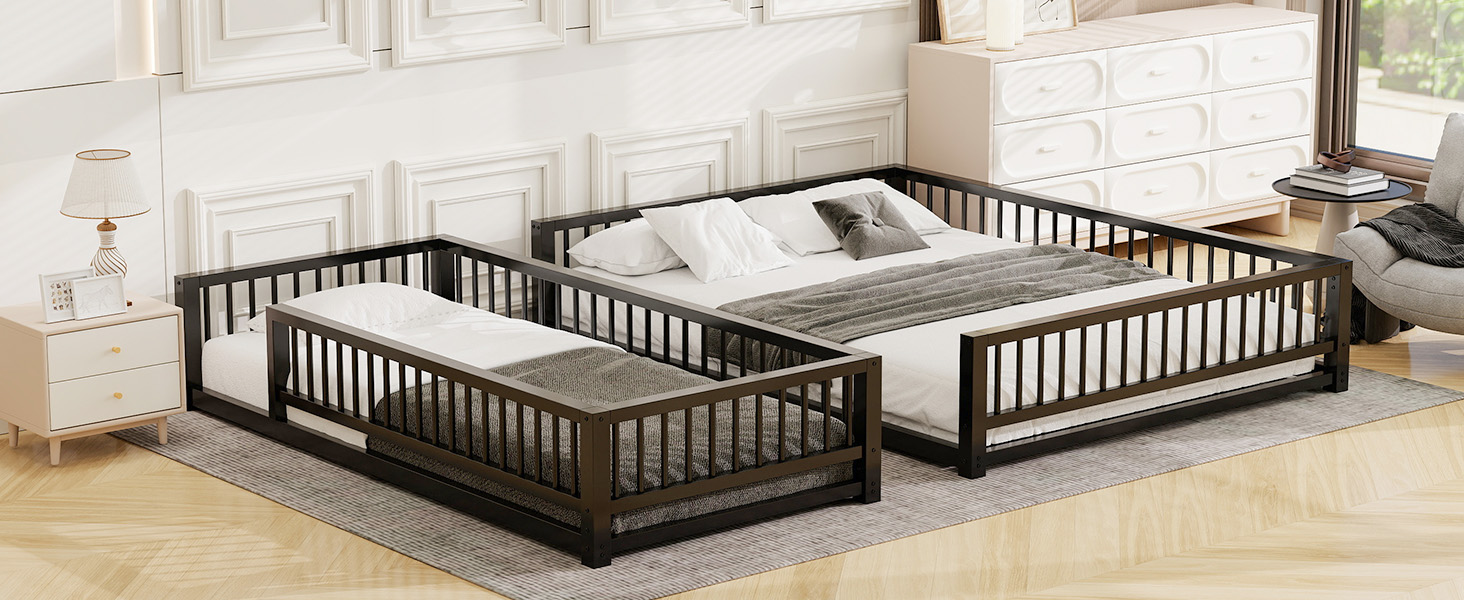 Twin XL over Queen Floor Bunk Bed with Ladder and Safety Guardrails