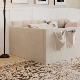 Velvet Upholstered Sofa Bed with High Side Panels and Side Entrance