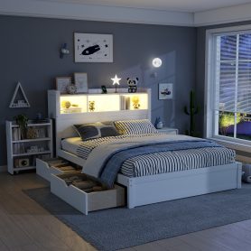 Wood Full Bed with Drawers, Headboard And Pull Out Storage Cabinet