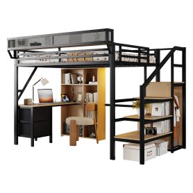 Full Size Loft Bed With Desk, Charging Station, 7 Open Storage Spaces And LED Lighting