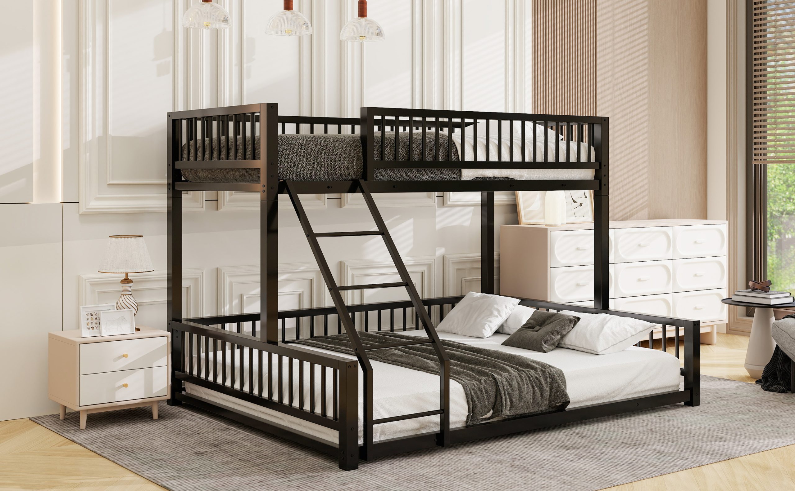 Twin XL over Queen Floor Bunk Bed with Ladder and Safety Guardrails